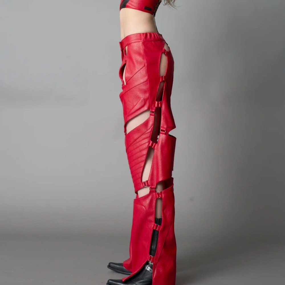 NWOT Namalia Red Cut-Out Wide Leg Pants - Picture 3 of 9